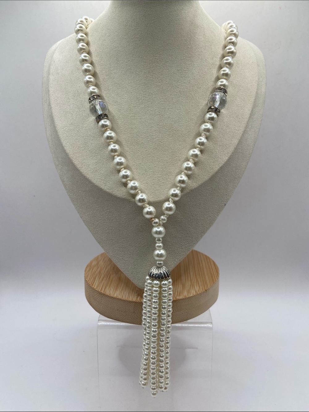 White Faux Pearl Long Necklace With Tassel & Crystal Beads 32”L W/3”L Extender